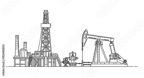 Line art illustration of an oil drilling rig and a pumpjack, representing the petroleum industry and energy production.