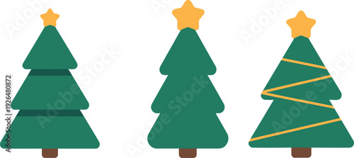 Simple Christmas tree icon set with star topper, minimal holiday decoration illustration, flat vector festive design collection