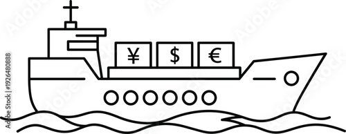 Cargo Ship with Currency Containers Line Icon for International Trade, Global Shipping, Import Export Business, and Maritime Logistics Vector Illustration