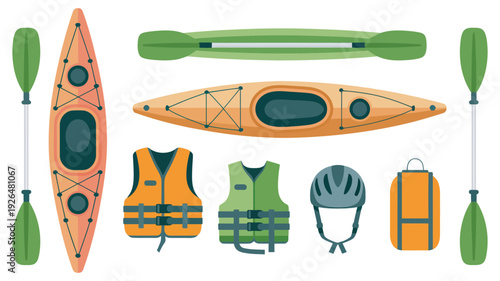 Essential kayaking gear illustration set, orange and green canoes, paddles, helmets, life vests, water sports, boating, outdoor adventure, vector graphics