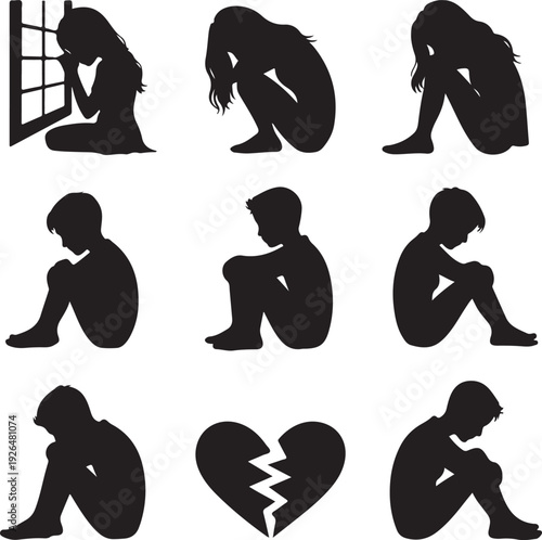 Black silhouettes of sad people and broken heart on white background
