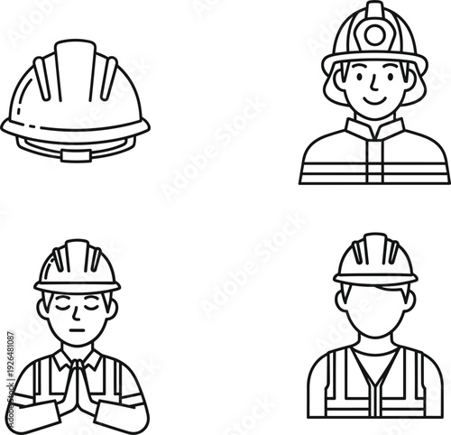Construction Worker and Safety Helmet Line Icon Set with Engineer, Builder, and Industrial Labor Character Avatars Vector Illustration