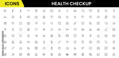 Health checkup icons depicting medical examination, stethoscope, heartbeat, diagnostics, hospital, doctor consultation, tests, reports, wellness, prevention, monitoring, clinic, healthcare, appointmen