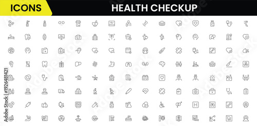 Health checkup icons depicting medical examination, stethoscope, heartbeat, diagnostics, hospital, doctor consultation, tests, reports, wellness, prevention, monitoring, clinic, healthcare, appointmen