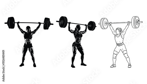 Weightlifting progression sketches showing a barbell overhead press from different angles