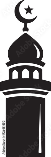 Silhouette of a mosque minaret with a crescent moon finial and dome.