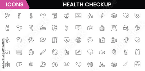 Health checkup icons depicting medical examination, stethoscope, heartbeat, diagnostics, hospital, doctor consultation, tests, reports, wellness, prevention, monitoring, clinic, healthcare, appointmen