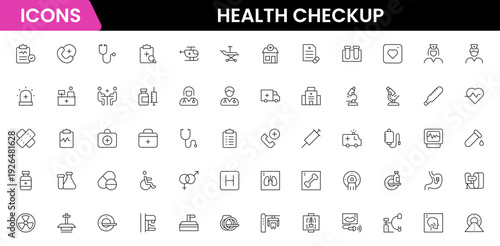 Health checkup icons depicting medical examination, stethoscope, heartbeat, diagnostics, hospital, doctor consultation, tests, reports, wellness, prevention, monitoring, clinic, healthcare, appointmen