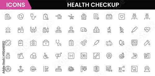 Health checkup icons depicting medical examination, stethoscope, heartbeat, diagnostics, hospital, doctor consultation, tests, reports, wellness, prevention, monitoring, clinic, healthcare, appointmen