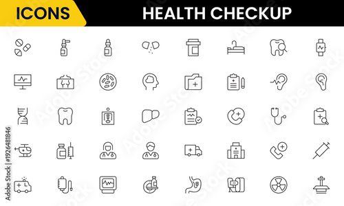 Health checkup icons depicting medical examination, stethoscope, heartbeat, diagnostics, hospital, doctor consultation, tests, reports, wellness, prevention, monitoring, clinic, healthcare, appointmen