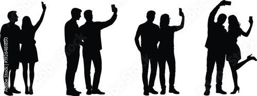 Black silhouettes of couples taking selfies with smartphones isolated on white background representing love, friendship, social media and modern lifestyle