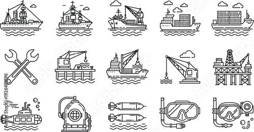 Marine Industry and Offshore Oil Platform Line Icon Set with Cargo Ships, Crane Vessels, Submarine, Diving Equipment, and Repair Tools Vector Illustration