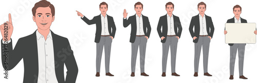 Professional businessman character set with presentation poses, corporate employee illustration collection, stylish office manager avatar, flat vector 