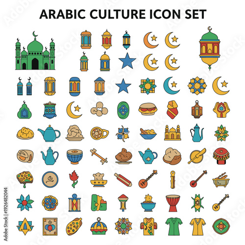 A collection of vibrant icons representing Arabic culture