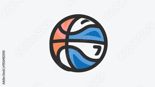 A colorful, graphic depiction of a basketball, with segmented panels, set against a white background