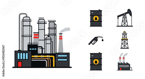 Oil refinery plant and related petroleum industry icons set on white background.