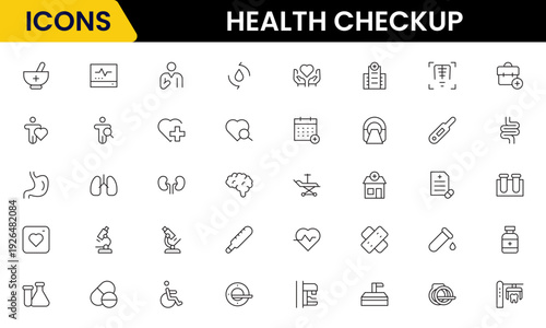 Health checkup icons depicting medical examination, stethoscope, heartbeat, diagnostics, hospital, doctor consultation, tests, reports, wellness, prevention, monitoring, clinic, healthcare, appointmen