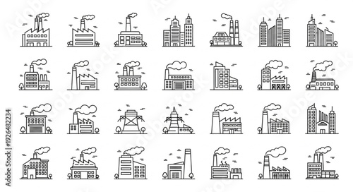 Collection of industrial factory buildings emitting smoke into the atmosphere.