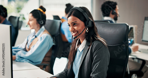 Quadro su tela Virtual assistant, headset or happy woman in call center with computer, customer care or contact