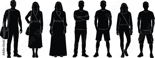 Black silhouettes of men and women standing confidently in casual poses isolated on white background representing diversity, lifestyle, identity and modern society