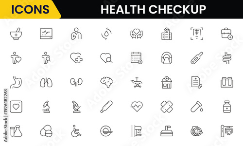 Health checkup icons depicting medical examination, stethoscope, heartbeat, diagnostics, hospital, doctor consultation, tests, reports, wellness, prevention, monitoring, clinic, healthcare, appointmen
