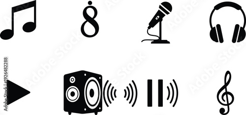 A cohesive set of music and sound related icons including musical notes, headphones, microphone, speaker, sound waves, play/pause buttons, and treble clef, solid black silhouettes, on a clean