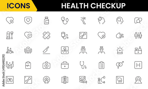 Health checkup icons depicting medical examination, stethoscope, heartbeat, diagnostics, hospital, doctor consultation, tests, reports, wellness, prevention, monitoring, clinic, healthcare, appointmen