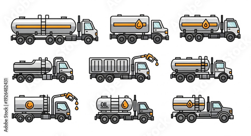Collection of various fuel tanker trucks in different designs and styles for transportation.