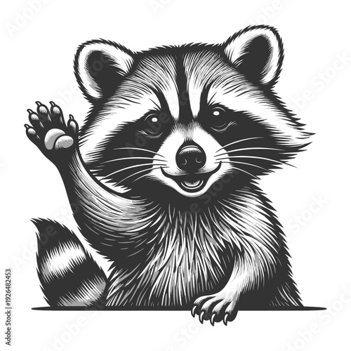 smiling raccoon character raising its paw in greeting sketch engraving generative ai fictional character vector illustration. Scratch board imitation. Black and white image.