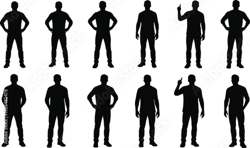 Black silhouettes of men standing confidently in different poses isolated on white background representing leadership, authority, confidence and power concepts