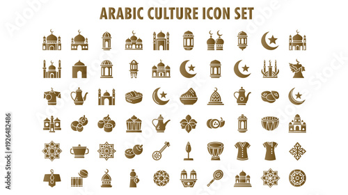A complete Arabic culture icon set in gold color