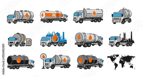 Collection of various fuel tanker trucks in different designs and styles for transportation.