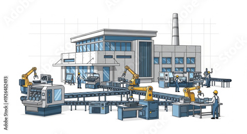 Modern industrial factory with robotic arms and production line, manufacturing process.