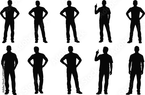 Black silhouettes of men standing in confident poses isolated on white background representing leadership, authority, confidence, decision making and power
