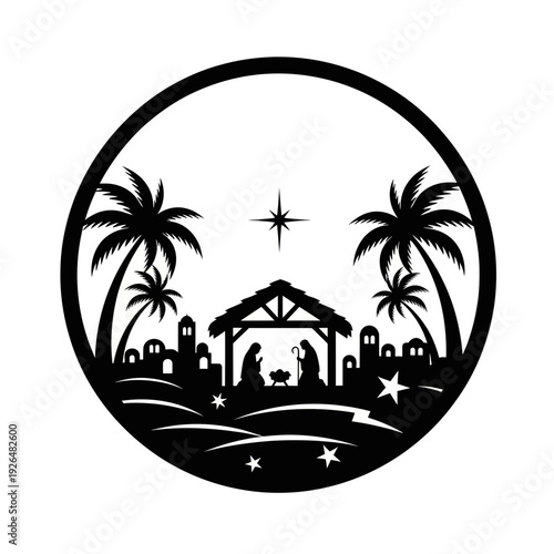 Nativity Scene Silhouette with Palm Trees and Bethlehem Star