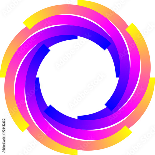 Abstract colorful spiral circle vector logo. Swirling gradient shape with pink, orange, yellow, and blue segments forming a dynamic round frame. Modern graphic element for branding, technology