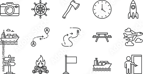 Travel and Adventure Line Icon Set with Camera, Ship, Airplane, Map Route, Campfire, Clock, Rocket, and Outdoor Exploration Symbols
