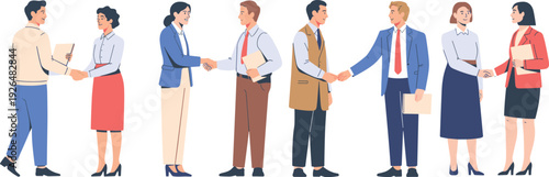 Business partners shaking hands after successful deal, professional meeting agreement concept, flat vector illustration, teamwork partnership corporate negotiation scene