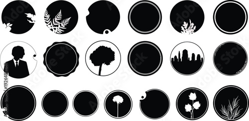 A collection of various round sticker and stamp icons, including irregular and perfectly circular designs, some with subtle borders or small cutouts, solid black silhouettes, on a clean white