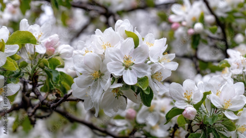 Obraz premium close-up of white flowers with yellow centers on branches