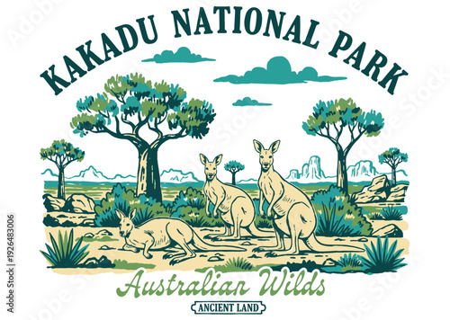 Australian wildlife illustration. Outback landscape graphic. Kangaroos in natural habitat. Ancient land vector art. Wild nature design.
