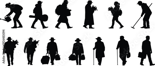 Black silhouettes of people walking with tools, luggage and flowers isolated on white background illustrating professions, travel, work routines and lifestyle