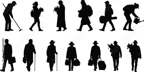 Black silhouettes of people walking with tools, bags and flowers isolated on white background representing professions, travel, work and lifestyle concepts