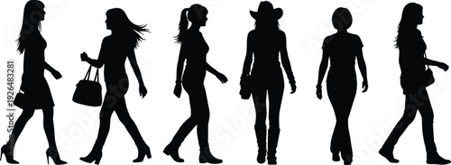 Black silhouettes of women walking in different styles isolated on white background representing fashion, lifestyle, confidence, movement and modern femininity