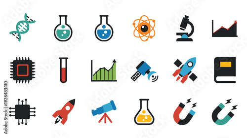 A variety of colorful icons representing science and technology