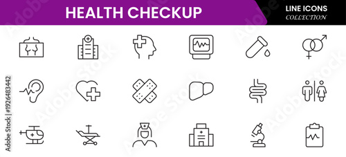 Health checkup icons depicting medical examination, stethoscope, heartbeat, diagnostics, hospital, doctor consultation, tests, reports, wellness, prevention, monitoring, clinic, healthcare, appointmen