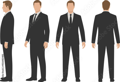 Businessman, character, turnaround, front, side, back, view, formal, black, suit, flat, vector, illustration, isolated, background, corporate, office, male, template, design