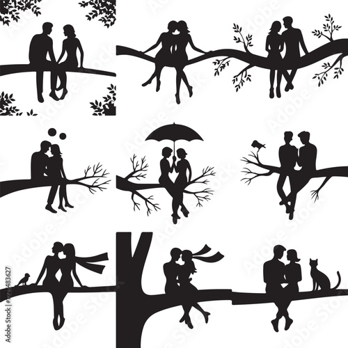 Black silhouettes of couples sitting on tree branches in various romantic poses