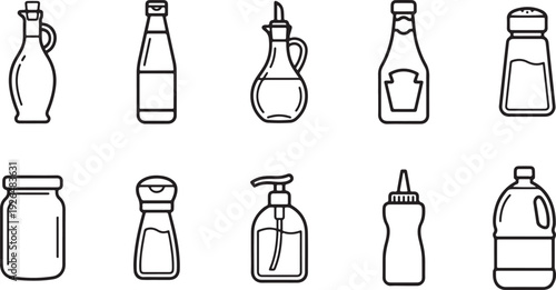 Set of 10 household bottles and containers flat design vector illustration isolated on white background