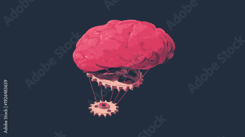 A stylized illustration features a brain suspended by gears and strings on a dark background